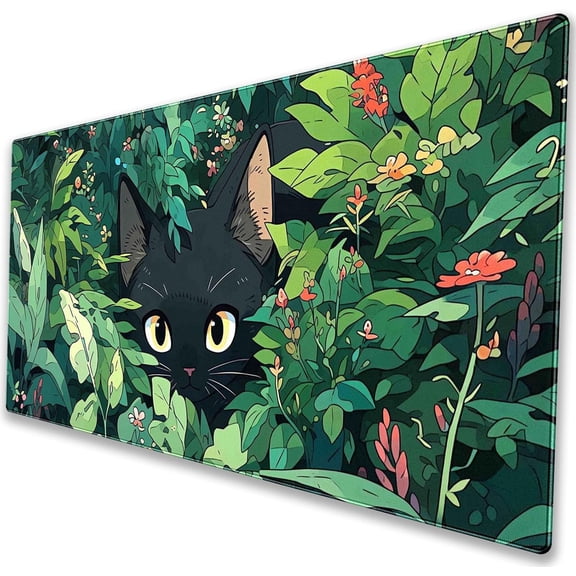 Black Cat Botanical Leaves Desk Mat XL Extended Gaming Mouse Pad cute black cat peeking through green botanical leaves, garden plants & floral artwork. 35.4" × 15.7"