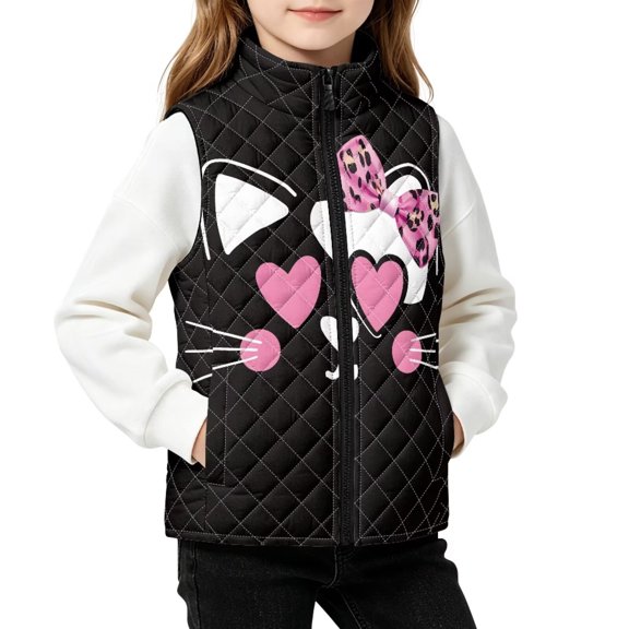 Black Cat Bow Toddler Vest, Girls Sleeveless Zipper Gilet, 3Y, Casual Zip‑Up Vest with Side Pockets, Stand Collar, Lightweight Quilted Gilet, Versatile Layering Outwear for Toddler Kids