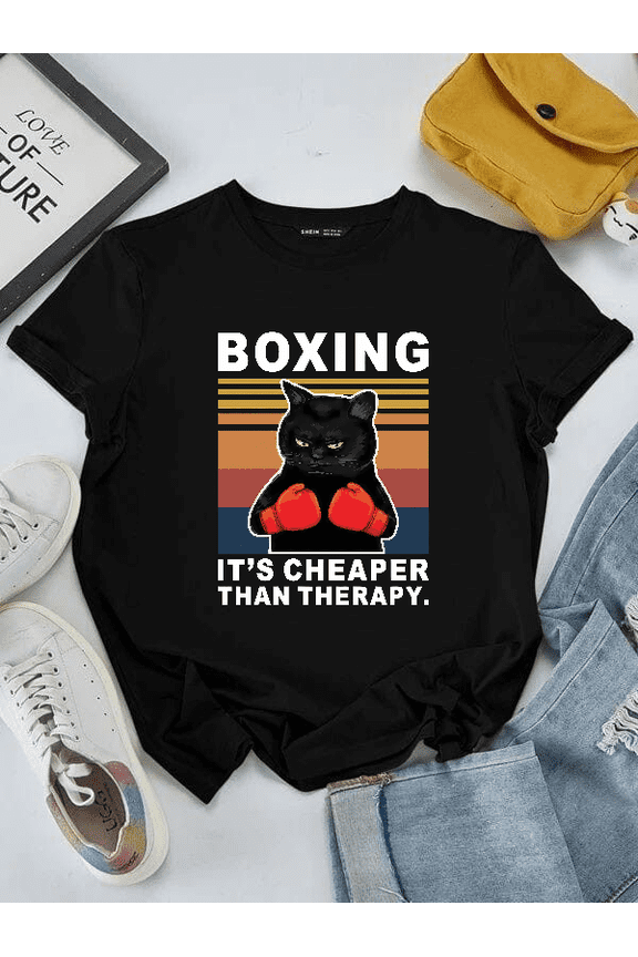 Black Cat Boxing Cheaper Than Therapy Funny Animal Tee Unisex T-Shirt, S-5XL
