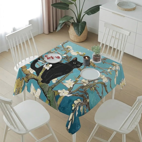 Black Cat on Branches Table Cloth 54x54in, Waterproof Square Tablecloth Wipeable Tablecloths Oil Style Cute Kitty Table Covers for Dining Tables Party Indoor Outdoor