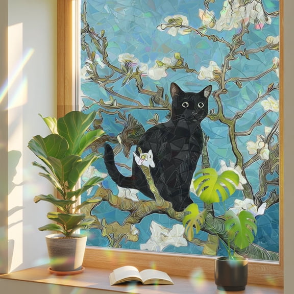 Black Cat on Branches Window Privacy Film, Rainbow Film Decorative Window Sticker 17.7x39.3in, Oil Style Cute Kitty Sun Blocking Static Stained Glass Cling Tint Non-Adhesive