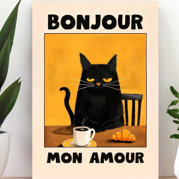 Black Cat Breakfast Art Print: Bonjour Mon Amour, French Coffee Decor UNFRAMED PAPER POSTER, Home Decor, Vintage Gift, Living Room Dercor