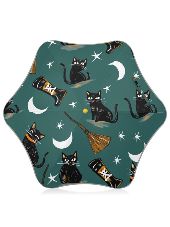 Black Cat Broom Pattern Kids Umbrella Rain Umbrella Clear Grip Handle Folding Umbrellas UV50+ 35in