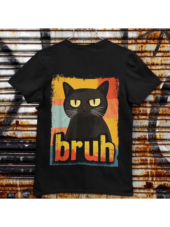 Black Cat Bruh Retro Graphic Back Print T-Shirt