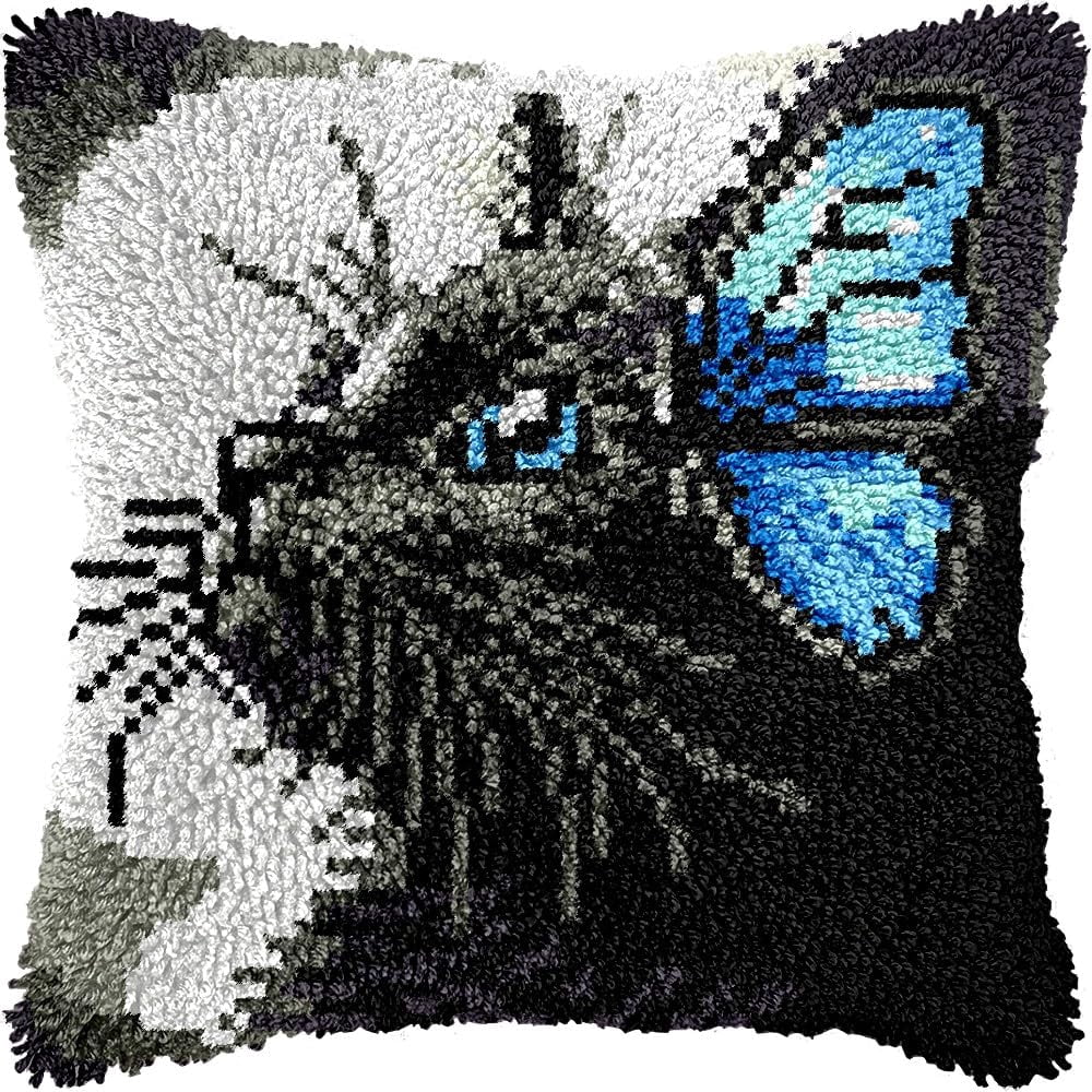 Black Cat & Butterfly Latch Hook Kits Pillow kits Cushion Throw Pillow Embroidery Craft Kits DIY Kits of DIY Hooking Pillowcase Cover Supplier with Color Printed Canvas 43x43cm (54)