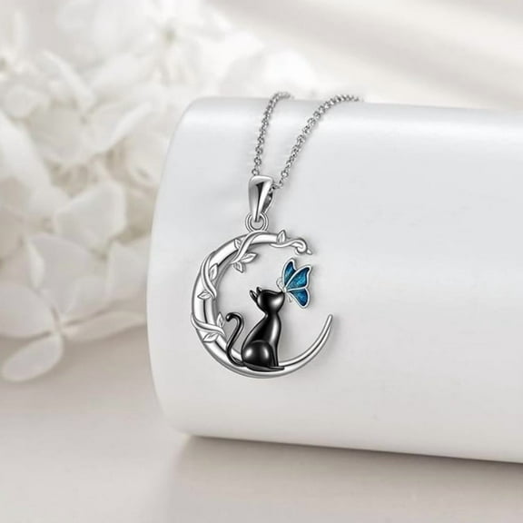 Black Cat Butterfly Moon Branch Winding Pendant Necklace