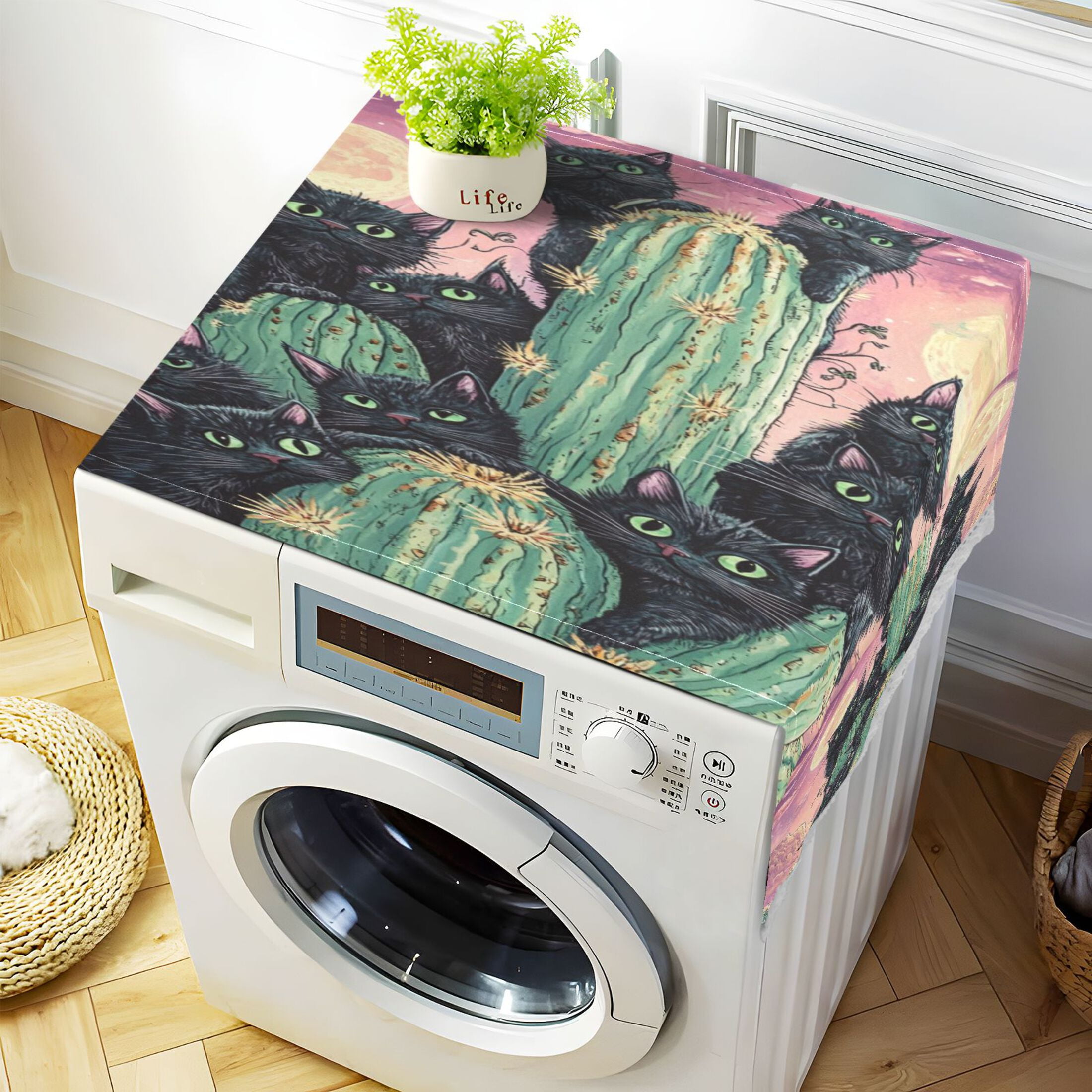 Black Cat with CactusWasher and Dryer Covers Dust-Proof and Oil Resistant Fridge Cover with 4 Storage Pockets Washing Machine Top Cover for Laundry Kitchen Home 51.2 x 22 In
