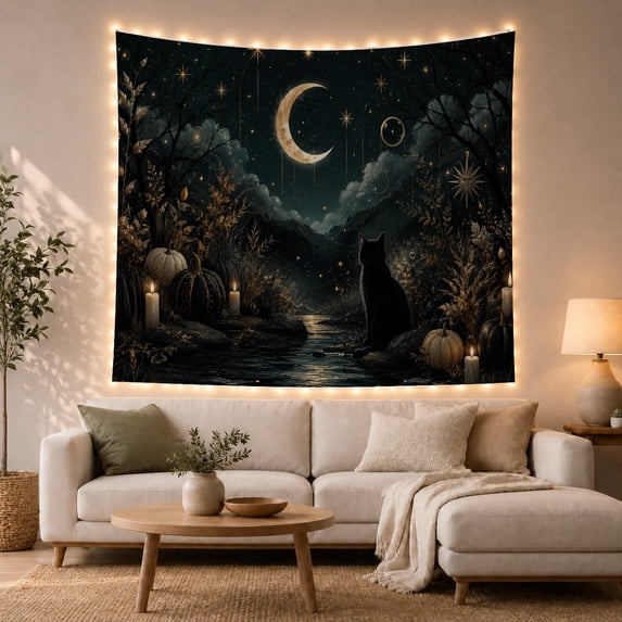 Black Cat and Candles Under Crescent Moon, Mystical Fantasy for Cat Lovers, Celestial Night Decor, Halloween Gift, Tapestry Wall Hanging for Bedroom and Living Room