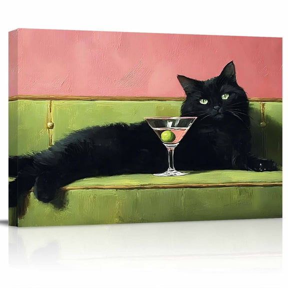 Black Cat Canvas Print Wall Art Boho Lack Animal Cocktail Party Olive Green Sofa Pictures Painting Morden Artwork for Living Room Bedroom, Ready to Hang - 12"x16"