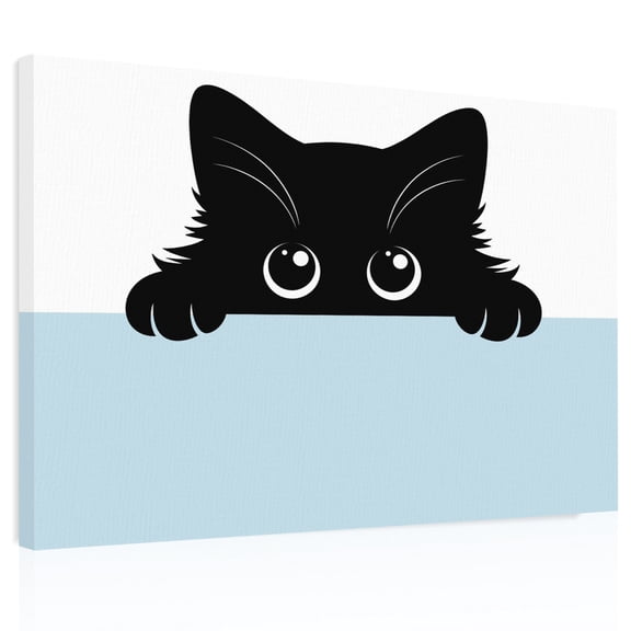 Black Cat Canvas Print Wall Art, Cute Cat Cartoon Animal with Big Eye Blue White Wall Decor Modern Artwork Paintings Pictures for Living Room Framed and Stretched Ready to Hang, 16" x 20"