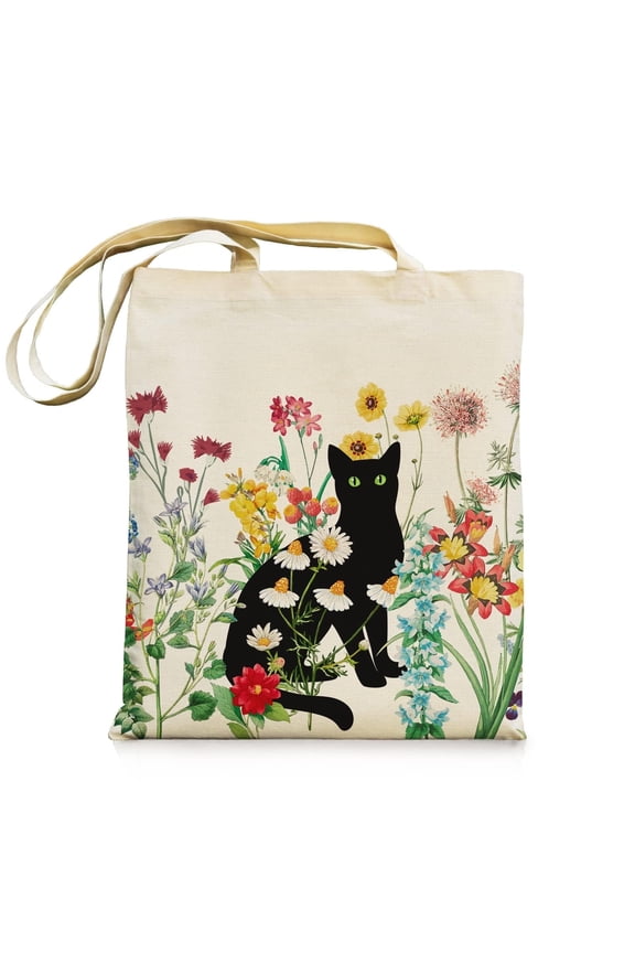 Black Cat Canvas Tote Bag Vintage Flowers Cute Tote Bag Aesthetic Reusable Shopping Grocery Bags Birthday Gifts for Women