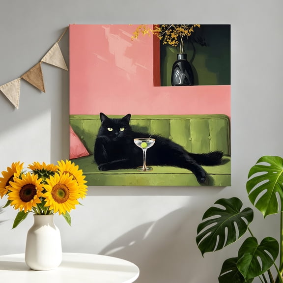 Black Cat Canvas Wall Art, Boho Chic Lack Animal Cocktail Party Green Sofa Pictures Wall Decor Wooden Framed Artwork Art Prints for Living Room Hallway Bedroom Office 8"x8"