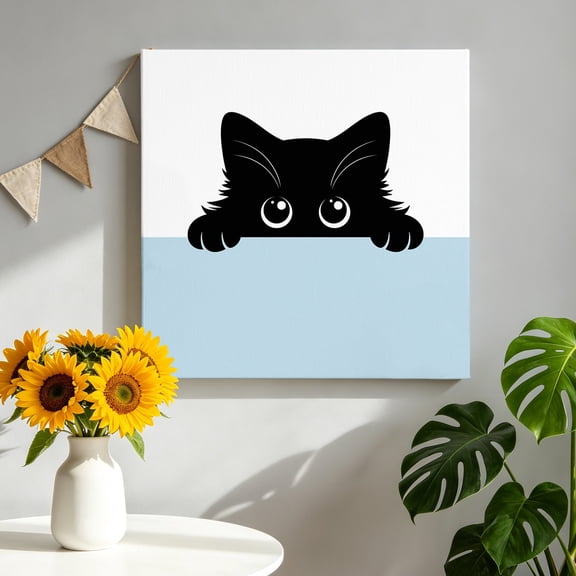 Black Cat Canvas Wall Art, Cute Cat Cartoon Animal with Big Eye Blue White Framed Canvas Wall Decor Picture Print Artwork Decorations for Living Room Office Ready to Hang 12" x 12"
