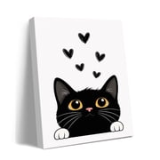 Black Cat Canvas Wall Art, Cute Kitten With Hearts Print, Minimalist Pet Poster, Whimsical Nursery Decor