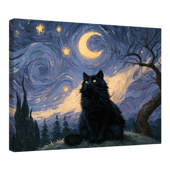 Black Cat Canvas Wall Art, Starry Night Cat Artwork Print, Moon Sky Animal Wall Decor, Fantasy Nature Wall Art for Bedroom Living Room Office Home Decoration, 10x8 Inch