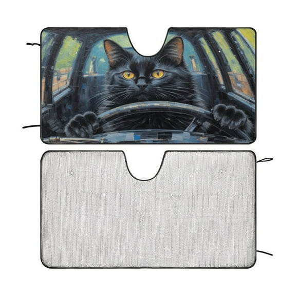 Black Cat Car Windshield Sun Shade Fun Animal Cool Fold-able UV Ray Sun Visor Protector Sunshade to Keep Your Vehicle Cool 51"x28"