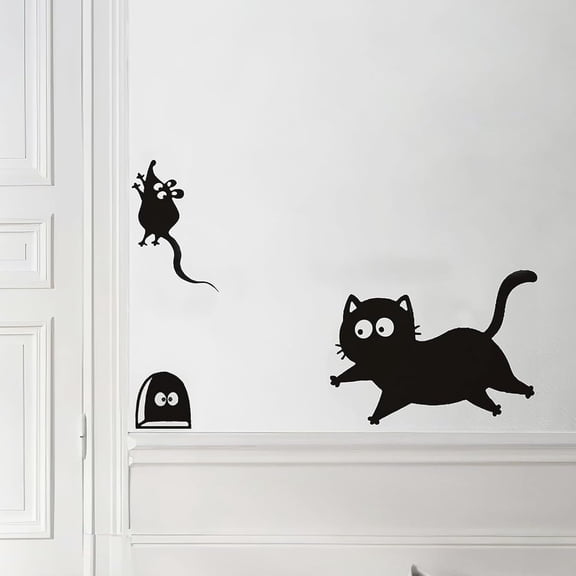 Black Cat Catch Mouse Wall Decals Peel and Stick 17.3" x 10.6" Cat and Mouse 3D Funny Wall Sticker DIY Removable Vinyl Art Murals for Living Room Baby Rooms Bedroom Animal Nursery Decor