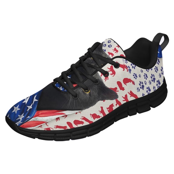 Black Cat Celebrate Fourth Of July Independence Day Running Shoes Sneakers Mesh Black Size 3.5