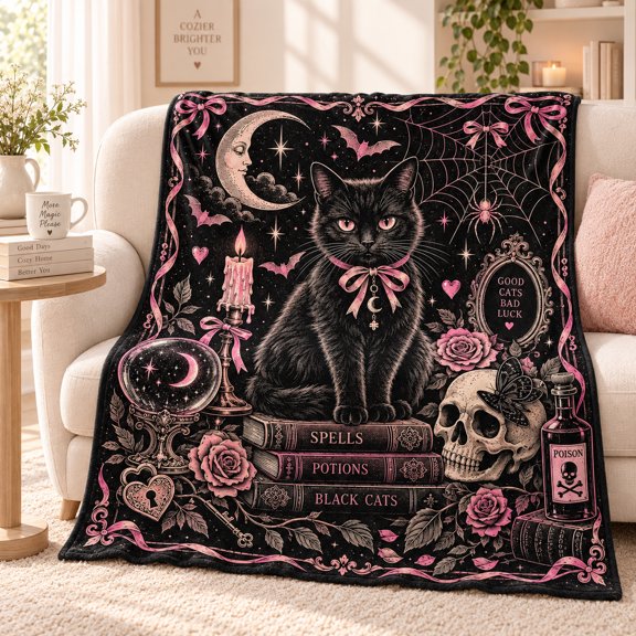 Black Cat Celestial Blanket with Crescent Moon, Roses and Crystal Ball, Pink Black Flannel Throw for Couch, Bed, Reading, Travel and Room Accent, 30 x 40 in