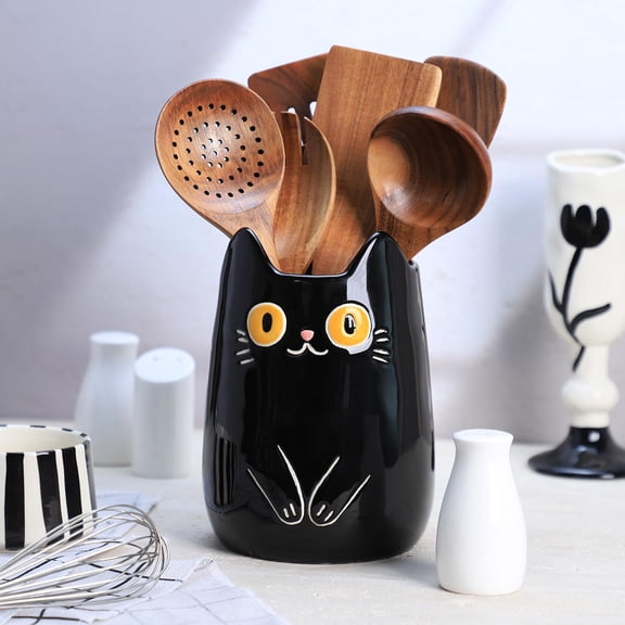 Black Cat Ceramic Kitchen Utensil Holder for Countertop, Spatula Crock with Matte Finish