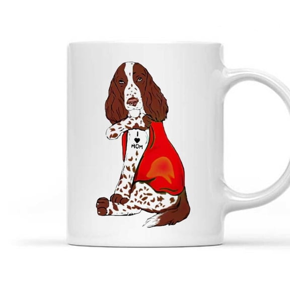 English Springer Dog Tattooed I Love Mom Ceramic Coffee Mug Present For Mother