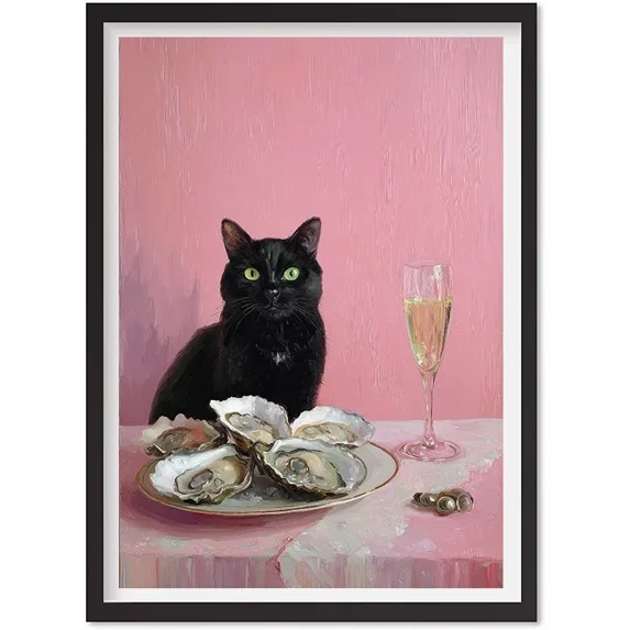 Black Cat With Champagne And Oysters Wall Art| Cute Quirky Whimsical Poster, Matte Canvas Stretched, Posters for Room Bedroom Living Room Bathroom Wall Decor, Posters & Art Prints, Gift.