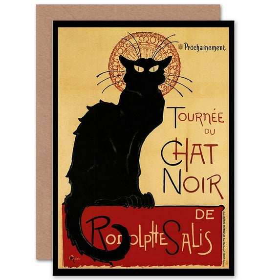Black Cat Chat Noir Rodolphe Paris France Birthday Greetings Card Plus Envelope Blank inside