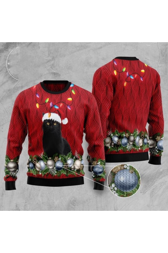 Black Cat Christmas Beauty Ugly Christmas Sweater, Christmas Cat Ugly Sweater, Ugly Cat Xmas Sweater