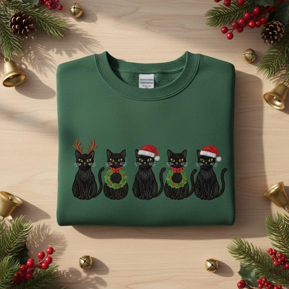 Black Cat Christmas Crew Embroidered Sweatshirt, Kitten Holiday Wreath Tee, Funny Cat Xmas Gift Hoodie, Pet Lover Apparel