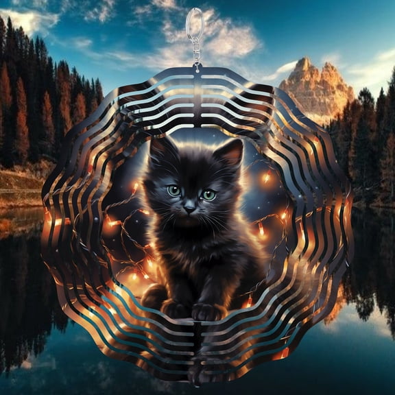 Black Cat Christmas Lights Pet 3D Wind Spinner Stainless Steel Kinetic Yard Decor