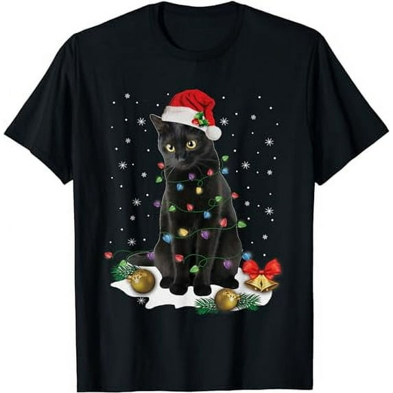 Black Cat Christmas Lights Santa Funny Cat Dad Mom Xmas T-Shirt