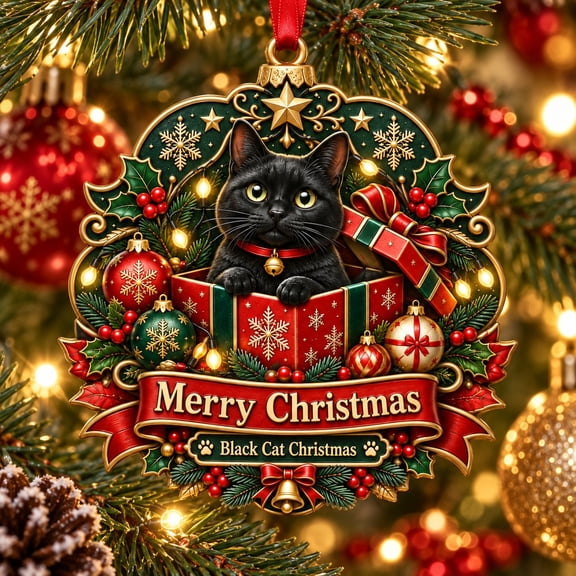 Black Cat Christmas Ornament with Gift Box and Holly for Pet Lovers