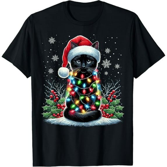 Black Cat Christmas Santa Hat Funny Meowy Cat Mens T-Shirt