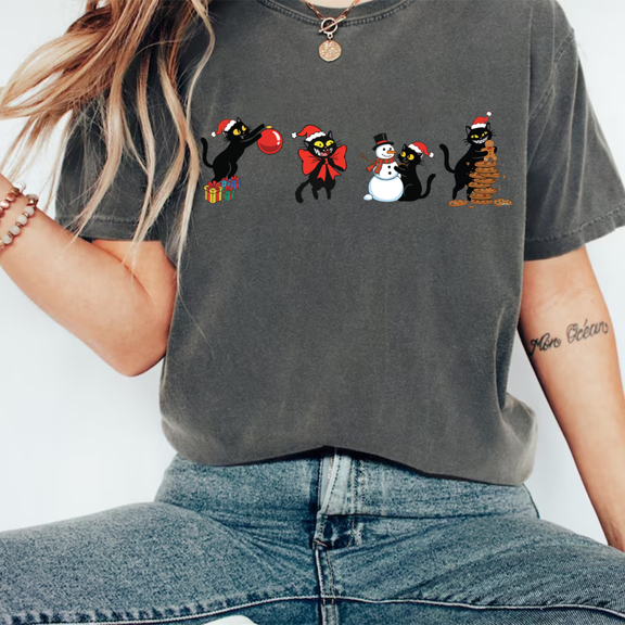 Black Cat Christmas T-Shirt, Cute Holiday Cat Graphic Tee with Santa Hats — Makes a Lovely Christmas Present
