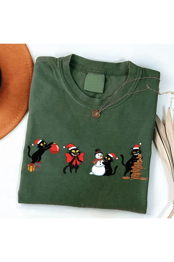 Black Cat Christmas T-Shirt, Cute Holiday Cat Graphic Tee with Santa Hats — Makes a Lovely Christmas Present