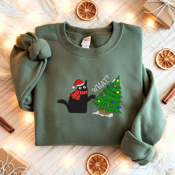 Black Cat Christmas Tree Embroidered SweatShirt, Cat Lover Holiday Sweatshirt, Cute Cat Christmas Shirt, Cats Xmas Lights T-Shirt
