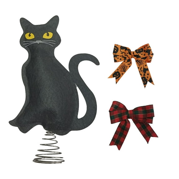Black Cat Christmas Tree Topper – Cute Halloween & Winter Holiday Ornament with Changeable Bows for Home Decor