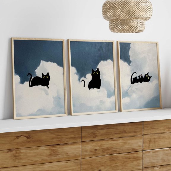 Black Cat Cloud Wall Art Prints, Blue Sky Minimal Nursery Posters, Cute Cat Triptych, Bedroom Kids Room Decor, Poster Only