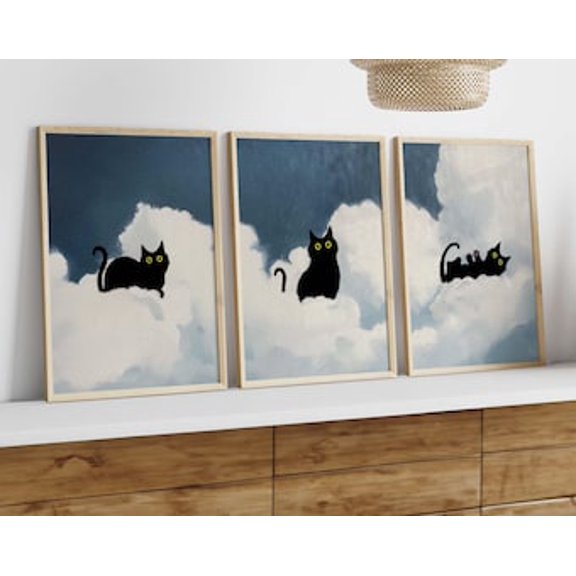 Black Cat Cloud Wall Art Prints, Blue Sky Minimal Nursery Posters, Cute Cat Triptych, Bedroom Kids Room Decor, Poster Only