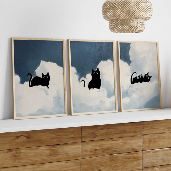 Black Cat Cloud Wall Art Prints Blue Sky Minimal Nursery Posters Cute Cat Triptych Bedroom Kids Room Decor Set 3