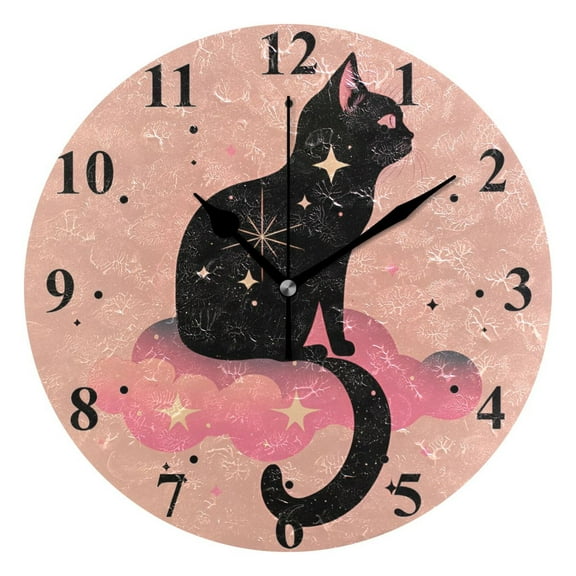 Black Cat Clouds Stars Black 10 inch Wall Clocks Non Ticking Easy to Read Battery Decorative for Home Bathroom Kitchen Bedroom Living Room