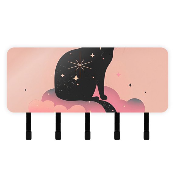 Black Cat Clouds Stars Mail Holder Organizer Wall Mount with Shelf Key Holder Key Rack with 5 Key Hooks for Wall Decorative