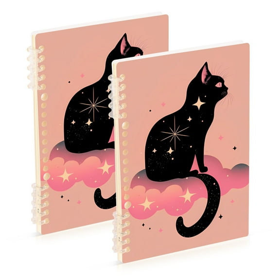 Black Cat Clouds Stars Ring Binder Notebook Journey Note Diary College Ruled Spiral Notebook Study Loose Leaf Paper A5 60 Pages