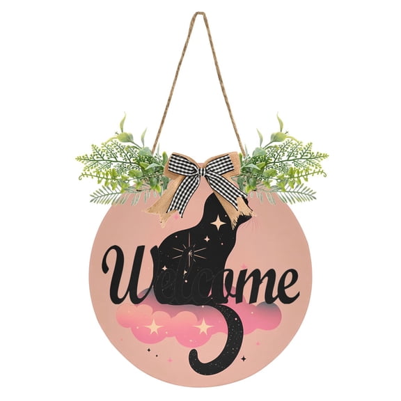 Black Cat Clouds Stars Welcome Sign for Front Door Wreath Door Sign for Farmhouse Porch Decoration Indoor Outdoor