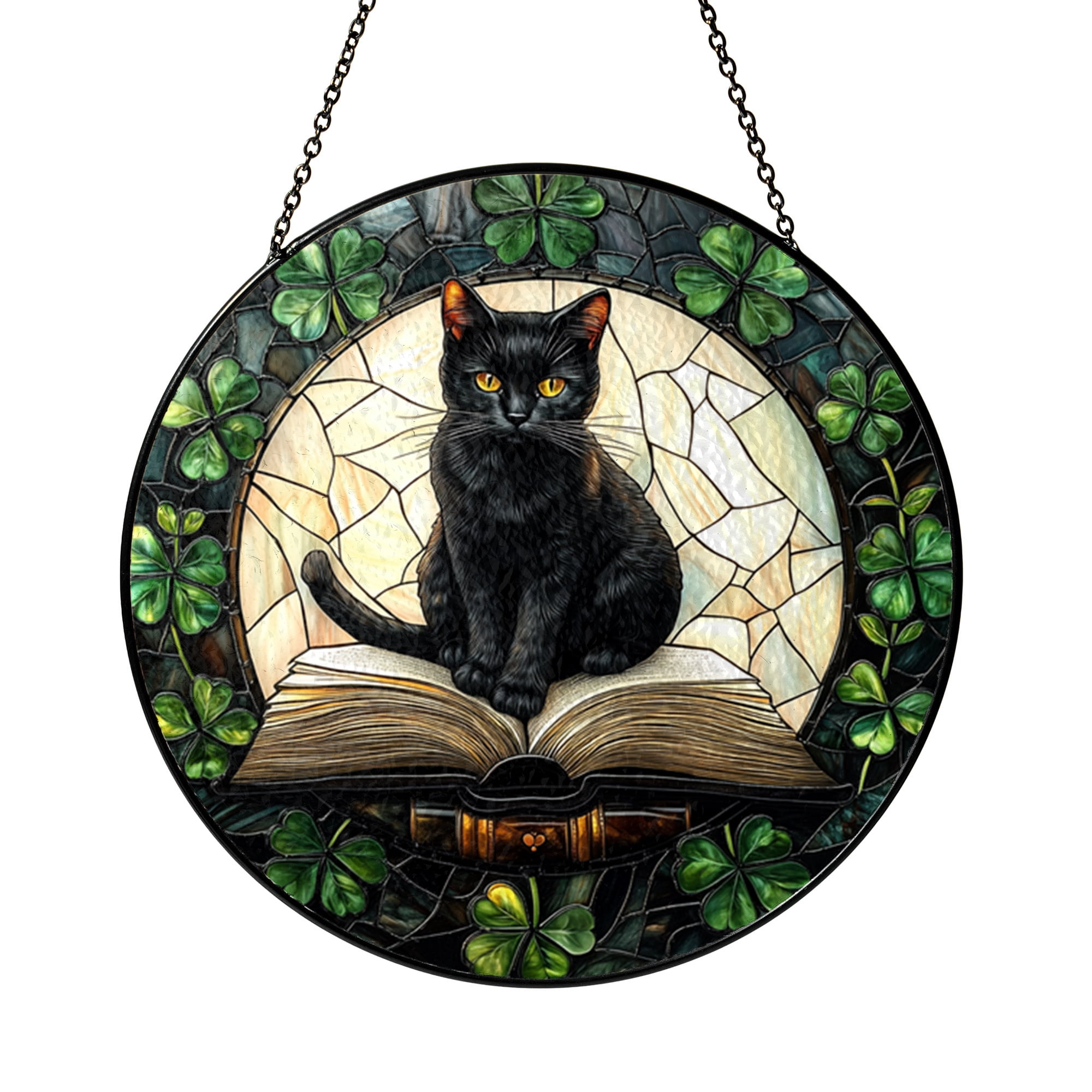 Black Cat With Clover Basket Stained Glass Style Suncatcher Window ...