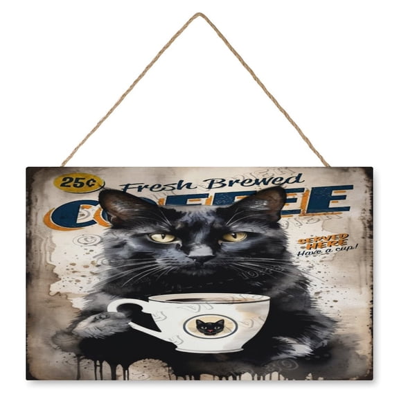 Black Cat & Coffee Decor Fresh Brewed Coffee Served Here Have A Cup Wall Art Wooden Hanging Sign Cat Decor Vintage Pictures for Kitchen Wall Decorations Bar Interior Decor 10"x16"
