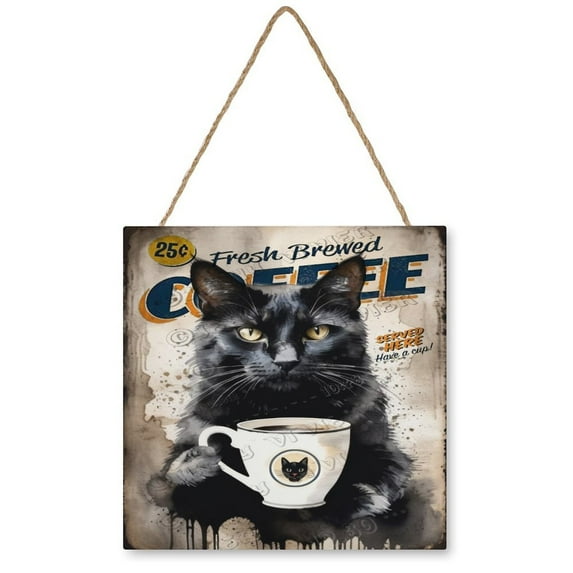 Black Cat & Coffee Decor Fresh Brewed Coffee Served Here Have A Cup Wall Art Wooden Hanging Sign Cat Decor Vintage Pictures for Kitchen Wall Decorations Bar Interior Decor 12"x12"