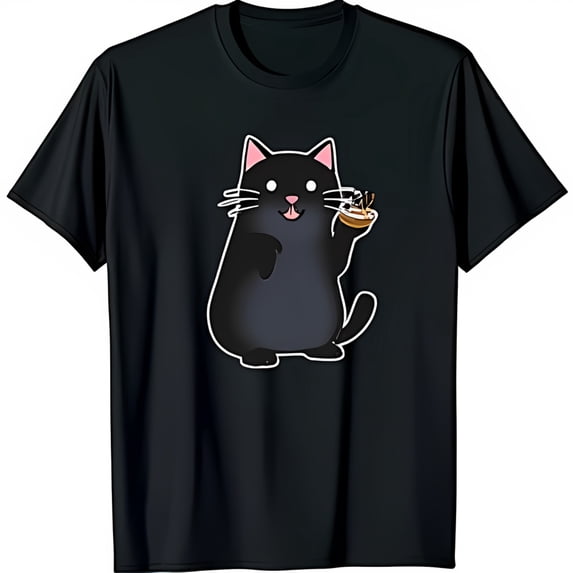 Black Cat Coffee Lover T-Shirt Cute Cartoon Design with Grinning Cat & Cup of Coffee for Cat Lovers