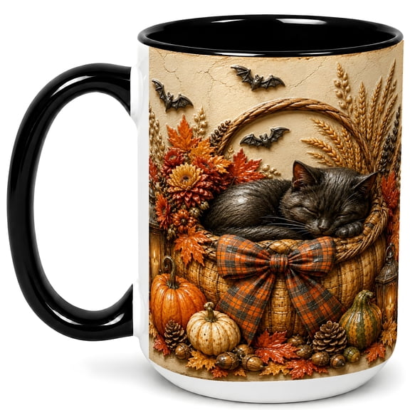 Black Cat Coffee Mug, Autumn Pumpkin Mug, Ceramic Cup