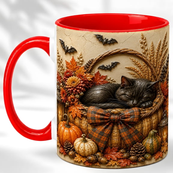 Black Cat Coffee Mug, Autumn Pumpkin Mug, Ceramic Cup